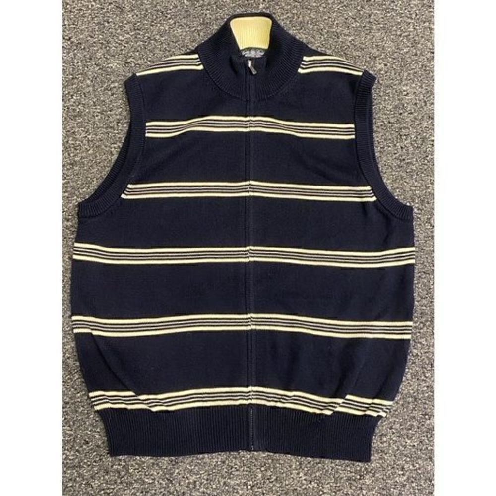 Brooks Brothers Striped Rib-knit Full-zip Crew Neck Vest Black Medium